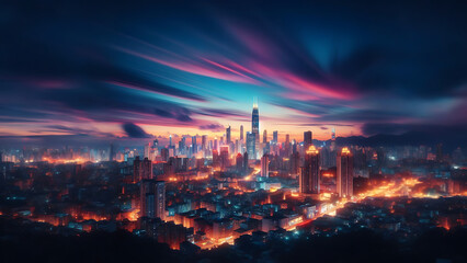 Fototapeta premium City Skyline at Dusk with Colorful Lights