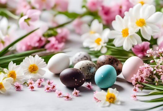 Easter composition with painted eggs and spring flowers on a light background.
