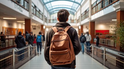 boy with a backpack in the school building, showcasing the back view as he embarks on the educational adventure.