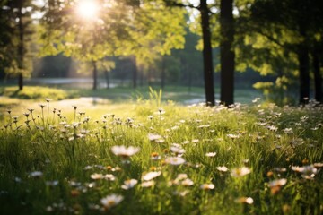  the sun shines brightly through the trees in a field of grass with daisies in the foreground and a field of wildflowers in the foreground.