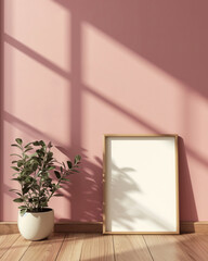 Blank wooden poster frame mock up template, room interior in scandinavian style, pink walls, wooden floor and green plant. Ray of sun