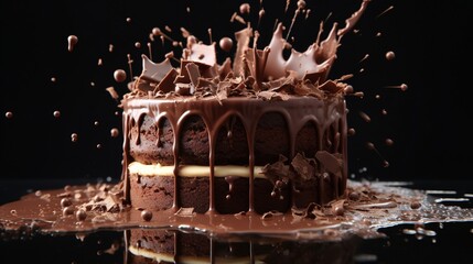 An artistic display of milk chocolate shavings being sprinkled onto a freshly baked chocolate cake, adding the final touch of sweetness.