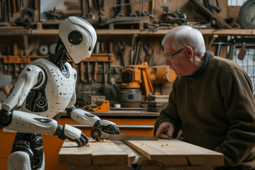 Home Robot in workshop with elderly man