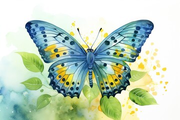  a watercolor painting of a blue butterfly on a green leafy branch with yellow and blue spots on it's wings and a white background with green leaves and yellow spots.