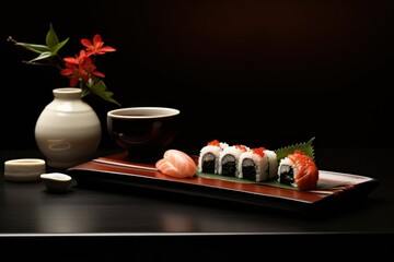  a plate of sushi sits next to a vase with a flower in it on a black tablecloth with a white vase and a red flower in the background.