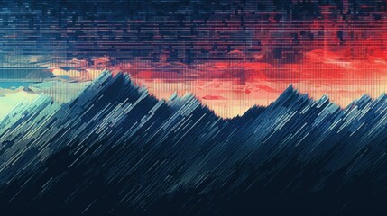  a digital painting of a mountain range with a red and blue sky in the background and a red and blue sky in the middle of the image, and bottom half of the image.