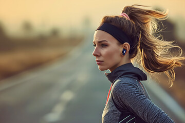 portrait lady jogging on the road with hairband and use headphone