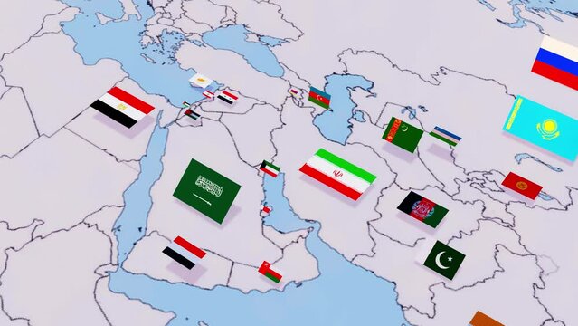 Middle East nations on world map 3d animation with flags. Egypt, UAE, Iran, Iraq, Israel, Palestine, Qatar, Saudi Arabia, Syria, Turkey