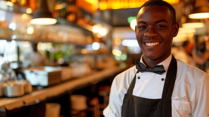 Handsome Black African American Barista with Short Hair and Beard Wearing Apron is Smiling in Coffee Shop Restaurant