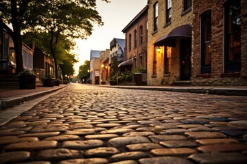  a cobblestone street with buildings and trees in the background at sunset in a small town with cobblestones on both sides of the street and a cobblestones on both sides.