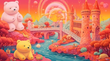  a painting of a bear and a bear cub sitting on a rock in front of a river with a castle in the background and a bridge in the foreground.