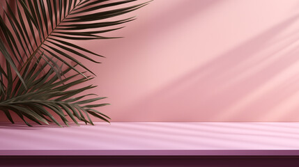 Feuille de palmier sur fond rose, mauve. Jeu d'ombre et de lumière. Nature, coloré, ambiance calme, printanière, estivale. Pour conception et création graphique.