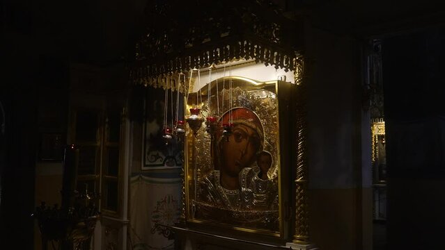 orthodox serbian church , paintings and icons on the ceiling vivid colors