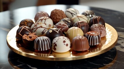 An elegant display of assorted Italian chocolate pralines, each with a unique filling, arranged on...