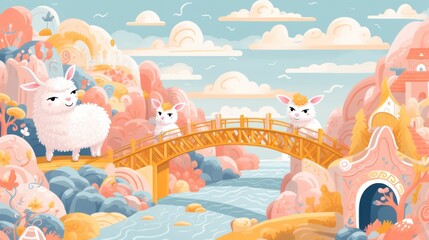  a couple of sheep standing on a bridge over a body of water with a castle in the background and a bridge over the water in the middle of the picture.