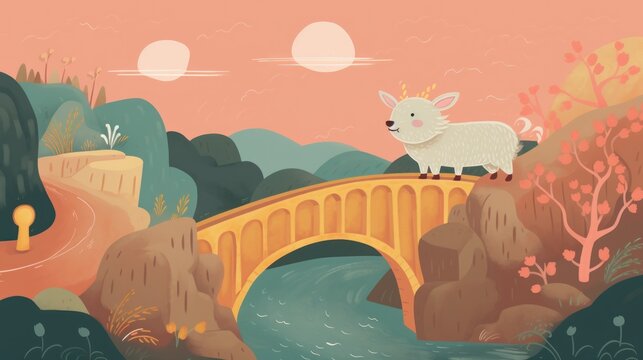  a painting of a sheep standing on a bridge over a river with a bridge in the background and trees in the foreground, and a pink sky with clouds in the background.