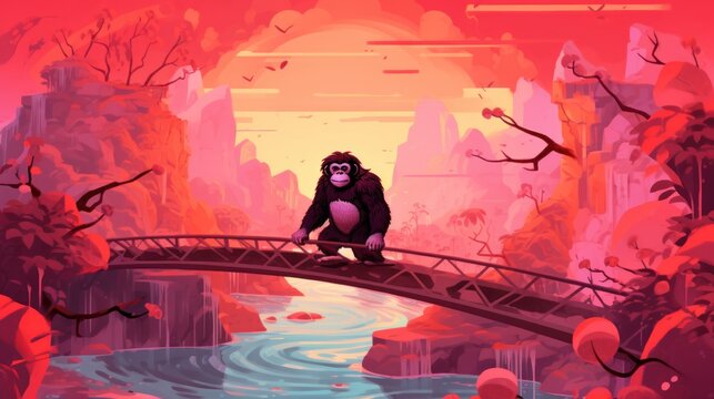  a painting of a gorilla sitting on a bridge in the middle of a forest with a river running through the center of the bridge, and a pink sky and red background.