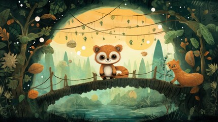  a painting of a red panda sitting on a bridge over a river with a fox on the other side of the bridge and another animal on the other side of the bridge.
