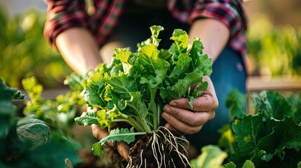 Close up hands of female farmer holding and picking up vibrant green lettuce leaves, cultivating fresh, organic produce