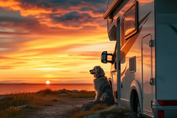 Dog looking out of motorhome or caravan window on vacation - obrazy, fototapety, plakaty