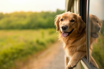 Dog looking out of motorhome or caravan window on vacation