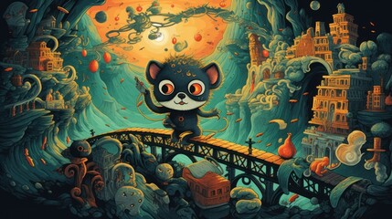  a painting of a black and white cat on a bridge with a full moon in the sky in the background and a full moon in the sky in the background.