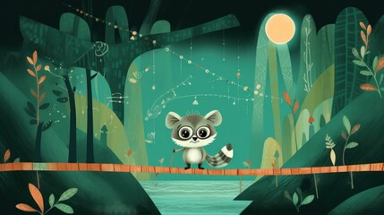  a painting of a raccoon crossing a bridge in a forest with a full moon in the sky above it and a river running through the woods below it.