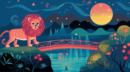 Obraz na płótnie Canvas a painting of a lion standing on a bridge over a river at night with a full moon in the sky and stars in the sky in the sky above it.