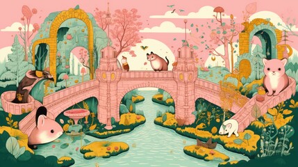  a painting of a bridge over a river with animals on it and a cat on the other side of the bridge and a dog on the other side of the bridge.