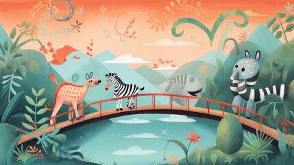  a painting of a zebra and a giraffe standing on a bridge over a pond with a zebra and a zebra on the other side of the bridge and a zebra on the other side of the bridge.