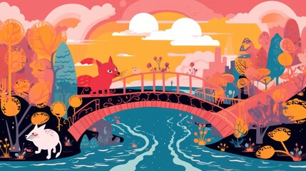  a painting of a bridge over a river with a cat sitting on one end of the bridge and another cat standing on the other side of the bridge with a cat on the other side.
