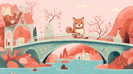  a painting of a cat sitting on a bridge over a body of water with a castle in the background and trees in the foreground, and a pink sky with clouds.
