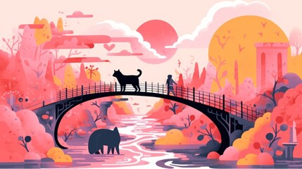  a painting of a cat and a dog on a bridge in the middle of a park with trees and a river in the foreground and a man and a dog on the other side of the bridge.
