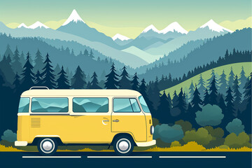 Vintage yellow Camper Van is parked in beautiful location in mountain landscape. Copy space.