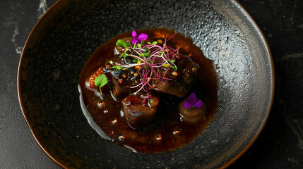 Grilled deer meat with spices, unusual serving dishes, marked with a Michelin star, and modern culinary art. Luxury restaurant.