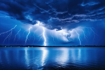  a group of lightning strikes over a body of water in the middle of a dark blue sky over a body of water with a boat in the middle of water in the foreground.