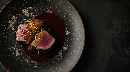 Grilled deer meat with spices, unusual serving dishes, marked with a Michelin star, and modern culinary art. Luxury restaurant.