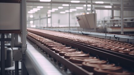 An image of a French chocolate factory in full swing, with rows of conveyor belts carrying freshly made chocolates in various stages of production. Showcase the industrial precision and scale.
