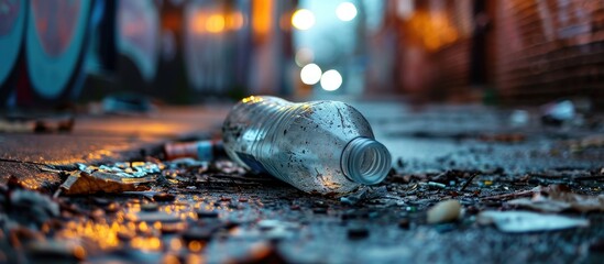In the desolate alleyway, a discarded plastic soft drink bottle, with tinfoil tightly wrapped around its top, caught the attention of passersby. - obrazy, fototapety, plakaty