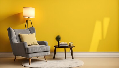 living interior with sofa, 3D rendering of living room, A gray sofa, tea table, white lamp, a potted plant against a yellow wall background
