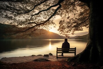  a person sitting on a bench in front of a body of water with a tree in the foreground and a mountain range in the background with a body of water in the foreground. - obrazy, fototapety, plakaty