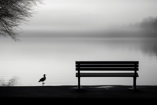  a black and white photo of a bird sitting on a bench in front of a lake with a bench in the foreground and a foggy sky in the background.