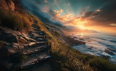 Nature’s Staircase, Wooden Path to the Peak of a Large Mountain, Generative AI