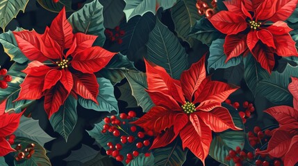 Beautiful red poinsettia flowers pattern. Elegant and festive background