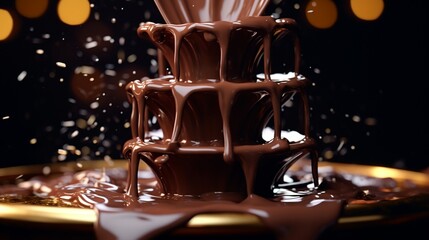 An opulent chocolate fondue fountain, with silky, cascading chocolate streaming down in mesmerizing waves. Showcase the glossy, mouthwatering flow of the chocolate.