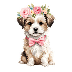 puppy with a rose isolated on white
