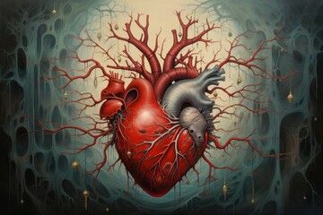  a painting of a human heart with blood running down the sides of the heart and blood vessels running down the sides of the heart and blood vessels running down the sides of the heart. - obrazy, fototapety, plakaty