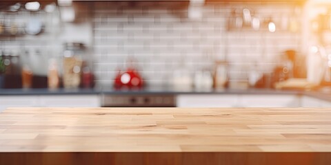 Blurred kitchen background with table top and empty space for decoration/advertising.