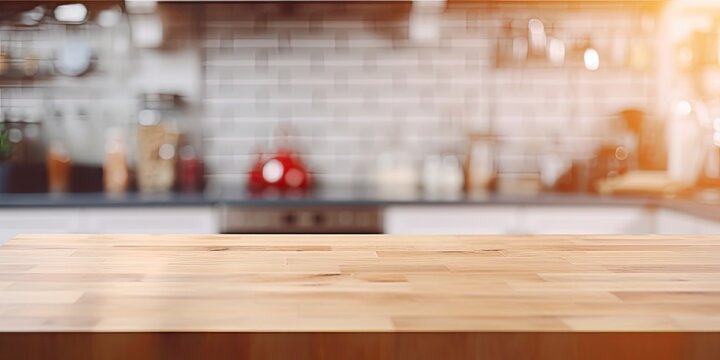 Blurred kitchen background with table top and empty space for decoration/advertising.