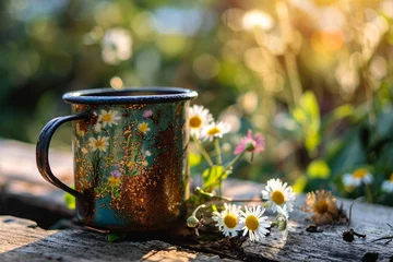 Draagtas Rustic enameled blue mug with daisy flowers, beautiful sunny garden © Irina Bort